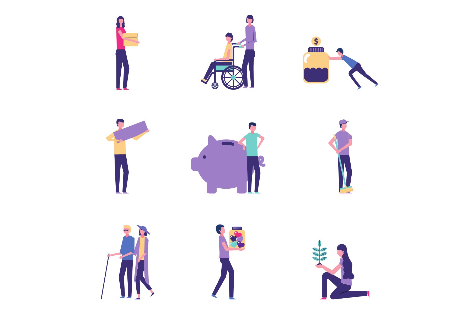 Personnages realisant du bénévolat